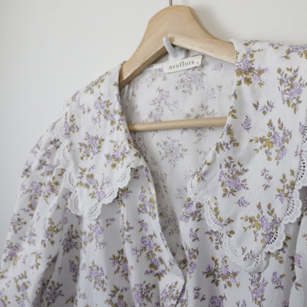 Neuflora Evora Blouse Top Medium Floral Peter Pan Collar Eyelet Lace - Picture 4 of 11